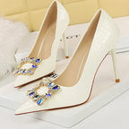 Metal Water Drill Buckle Woman Pumps Textured Patent Leather High Heels