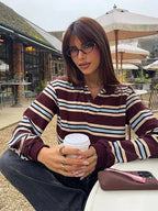 Vintage Stripe Basic Women's T-shirt Casual Long Sleeve Female All Match Polo Shirt Spring New Ladies Loose Tops High Street