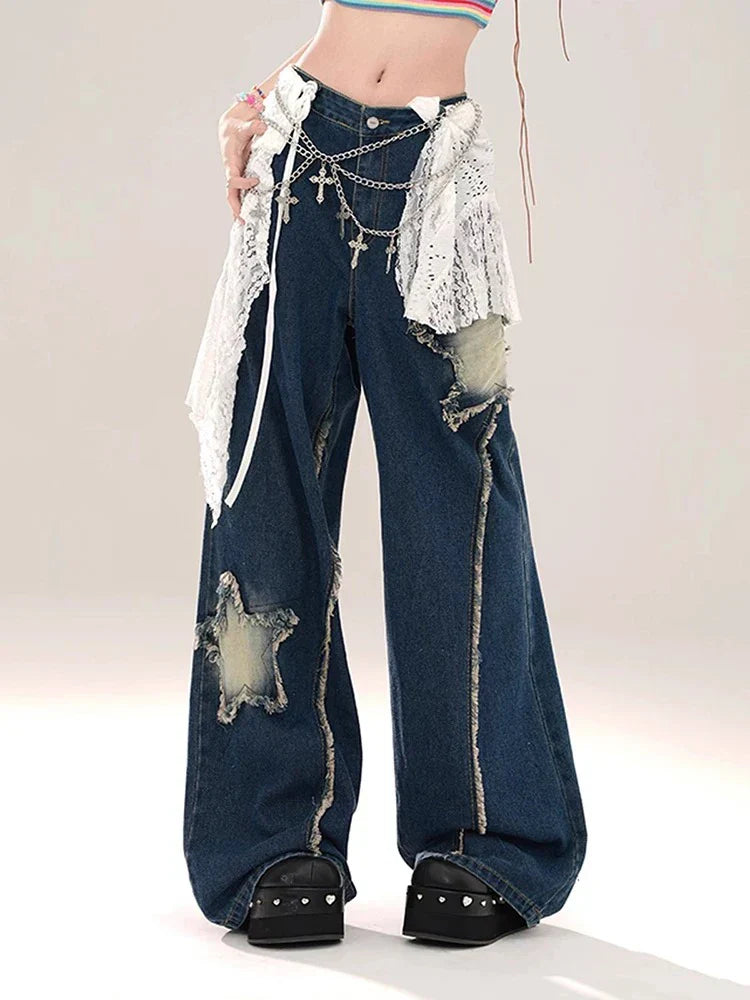 Women's Blue Baggy Star Jeans Harajuku Aesthetic Denim Trousers Y2k Vintage Japanese 2000s Style Jean Pants Trashy Clothes
