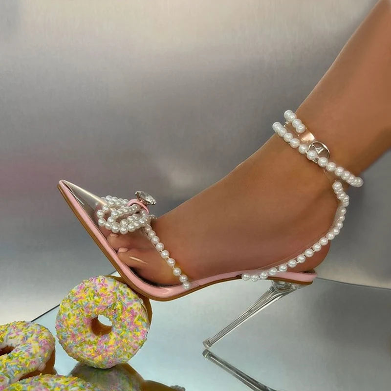 White String Bead Transparent High Heels for Women, Sexy Summer Style