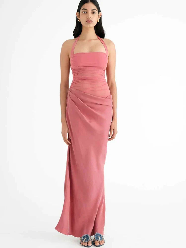 Halter Neck Mesh Ruched Sarong Wrap Drape Maxi Dress