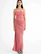 Halter Neck Mesh Ruched Sarong Wrap Drape Maxi Dress