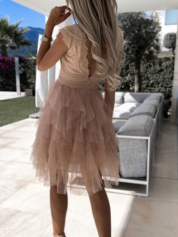 Floral Lace Deep V-Neck Bow Waist Tiered Tulle Skater Mini Dress