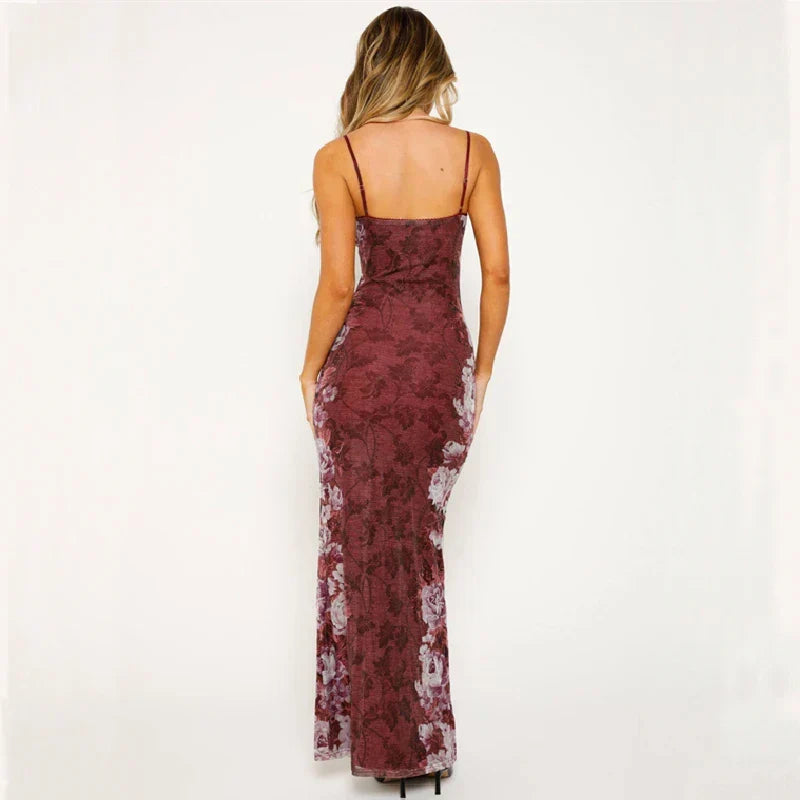 Large Floral Print Spaghetti Strap Deep V-Neck Bodycon Maxi Dress