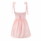 2025 Pleated Design Tie-up Sleeveless Summer Dresses Women Solid Color Slim Fit Mini Dress Simple Fashion Party Dress