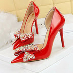 Women's Luxury Bowknot Pearl Rhinestone Patent Leather High Heels
