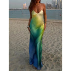 Watercolor Print Spaghetti Strap Deep V Neck Satin Slip Maxi Dress