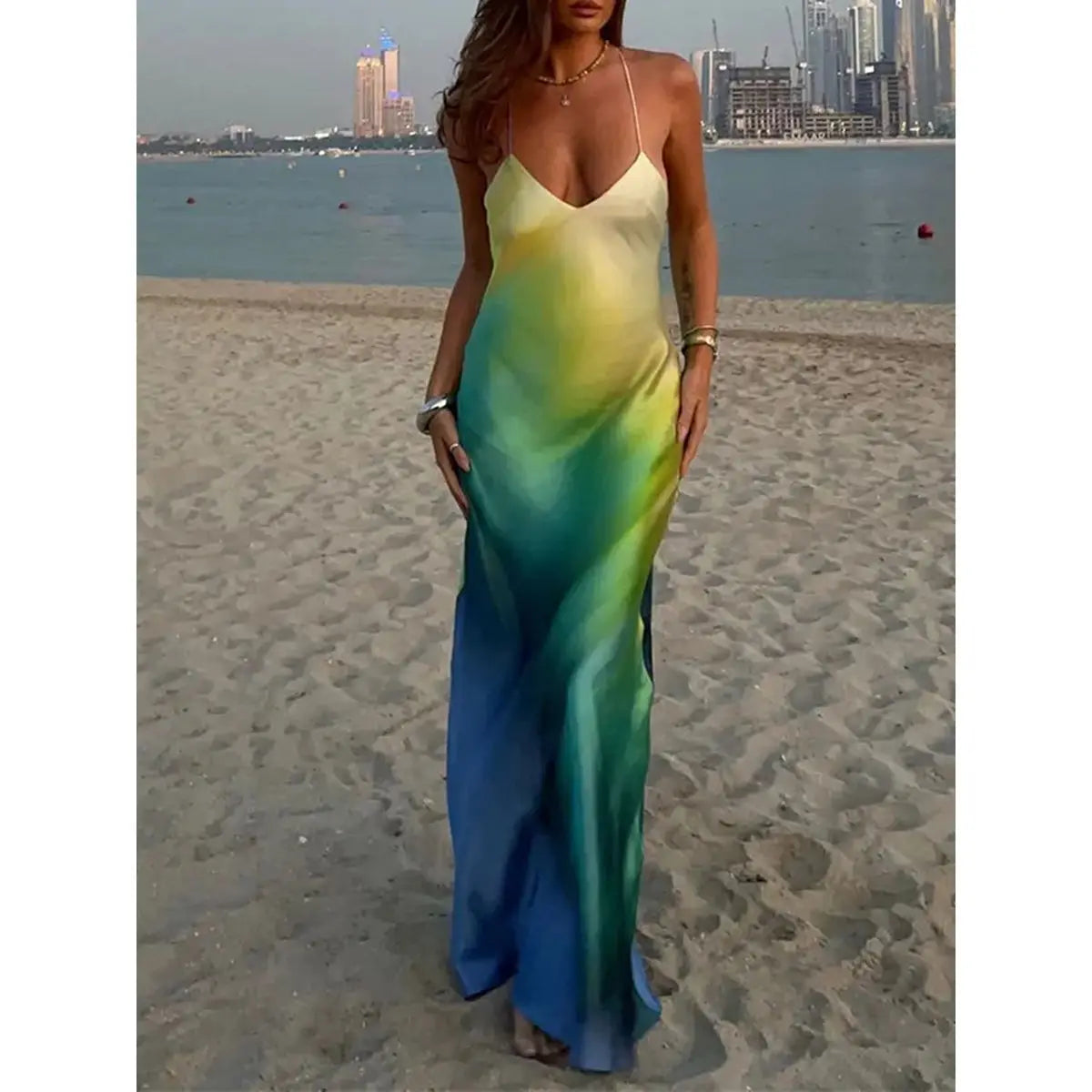 Watercolor Print Spaghetti Strap Deep V Neck Satin Slip Maxi Dress
