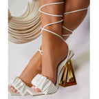 Peep Toe Gladiator Sandals with Pleated Lace-up Fretwork Heels for Women