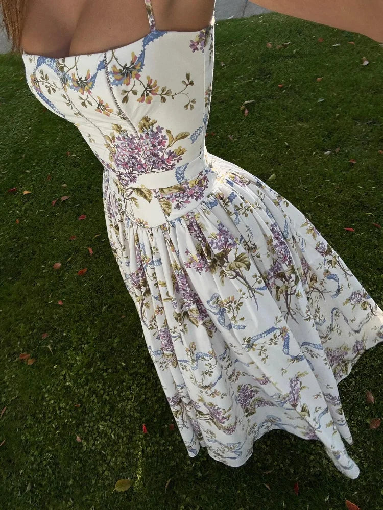 Strapless Corset Bodice Floral Ribbon Print Ball Gown Maxi Dress