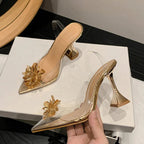 Sexy Crystal Flower PVC Slingback High Heels for Women in Summer
