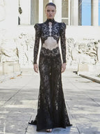 Mock Neck Long Sleeve Sheer Lace Chest and Midriff Cut Out High Split Maxi Gown