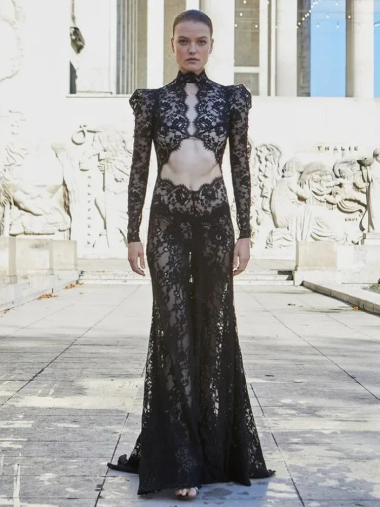 Mock Neck Long Sleeve Sheer Lace Chest and Midriff Cut Out High Split Maxi Gown