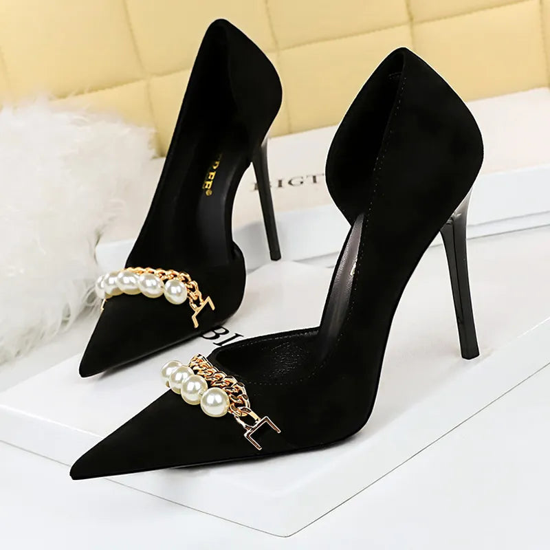 Spring Pearl Metal Chain High-heels Checked Grain Stilettos Women