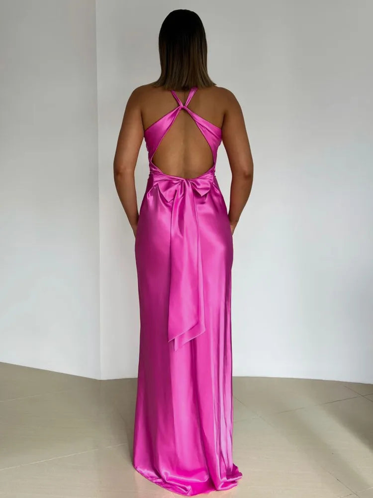 Plunging V-Neck Twisted Knot Bust Satin Bias Cut Maxi Gown