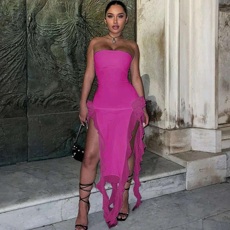 Strapless Tube Rosette Hip Detail Ruffle Tier High Split Midi Dress