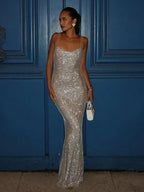 Sequin Scoop Neck Thin Strap Bodycon Maxi Dress