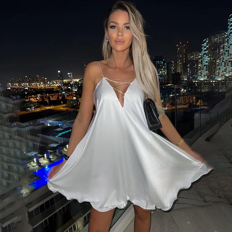 Rhinestone Strap Deep V-Neck Crisscross Satin Mini Dress