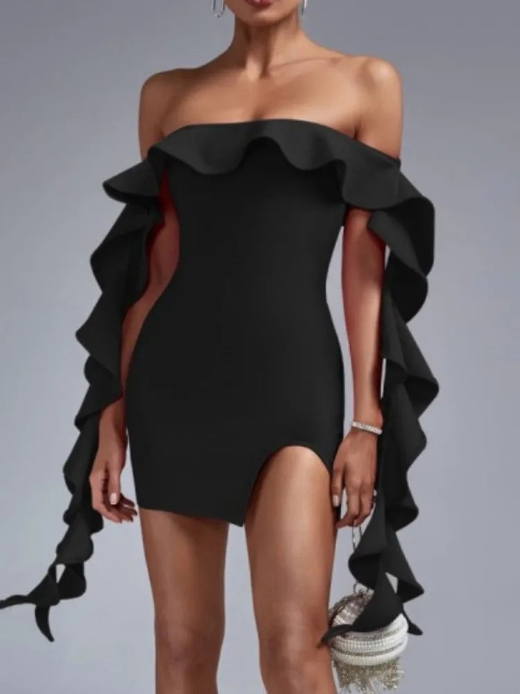 Off Shoulder Ruffle Cascade Sleeve Side Slit Mini Dress