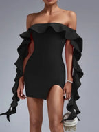 Off Shoulder Ruffle Cascade Sleeve Side Slit Mini Dress
