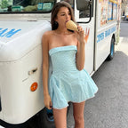 Polka Dot Strapless Tube Fit and Flare Lace Trim Mini Dress