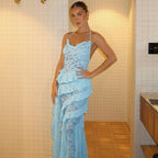 Lace Cowl Neck Spaghetti Strap Tiered Ruffle Bodycon Maxi Dress