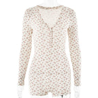 Fashion Print Playsuits Sexy Long Sleeve Low Chest V Neck Button Half Cardigan High Waist Straight Pants Playsuit