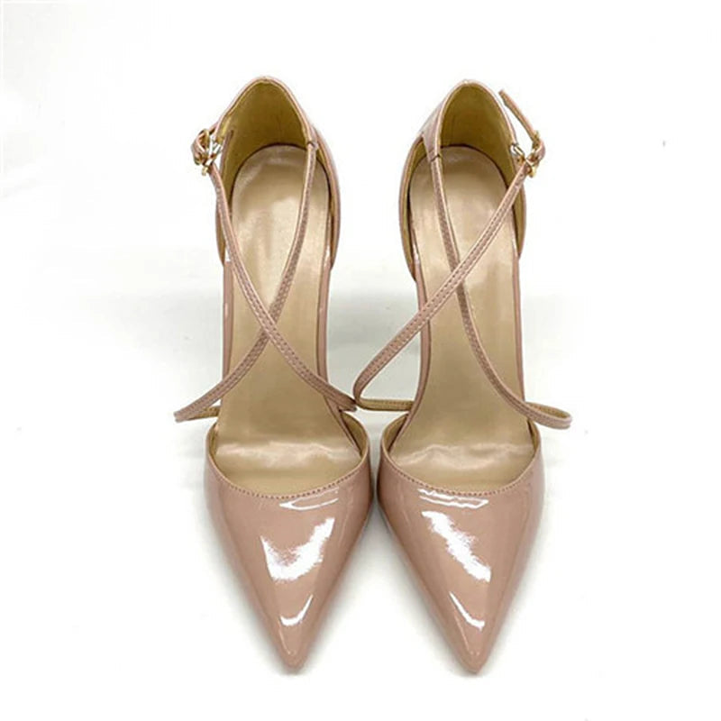White Glossy Patent Cross Strap Stiletto Pumps for Women