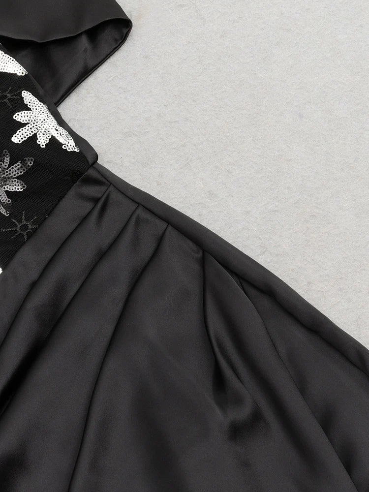Liora Off Shoulder Satin Gown Dress with Sequin Patchwork