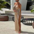 Glitter Knit Halter Backless High Slit Column Maxi Dress