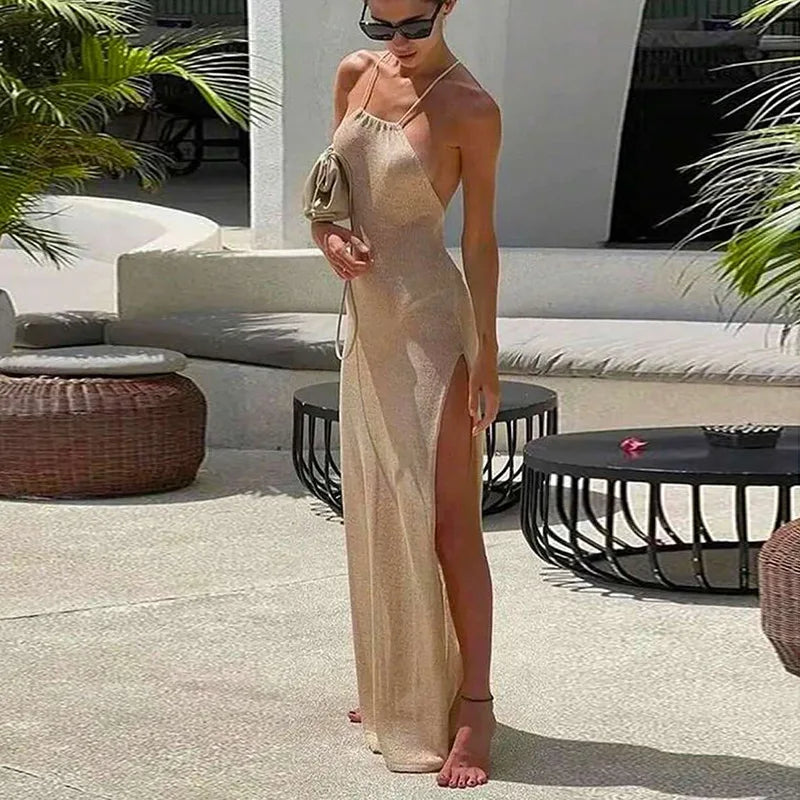 Glitter Knit Halter Backless High Slit Column Maxi Dress