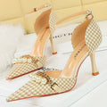 Checkered Pattern Women Sandals with Pearl Metal Chain Kitten Heels
