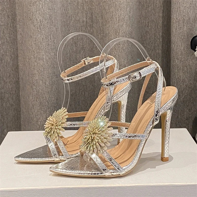 Crystal Flowers Pointed Toe Sandals with Ankle Buckle Strap and Thin High Heels for Prom