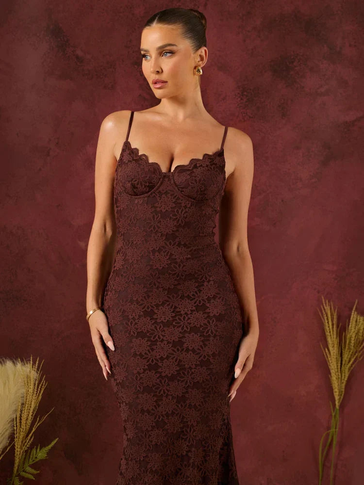 Floral Lace Sweetheart Bustier Spaghetti Strap Mermaid Maxi Gown