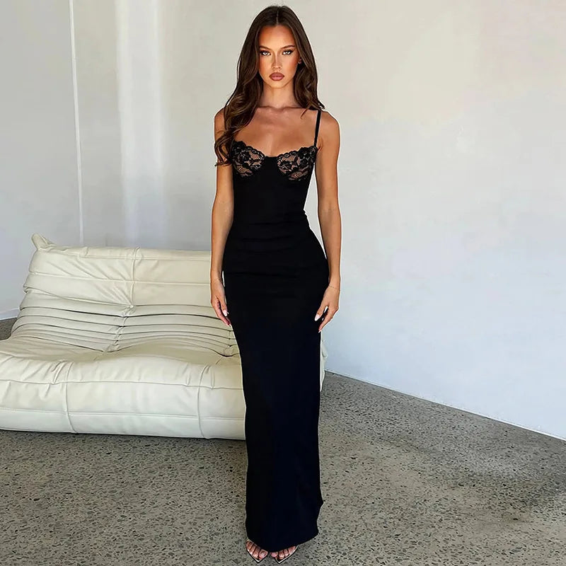 Lace Sweetheart Neck Spaghetti Strap Bodycon Maxi Dress