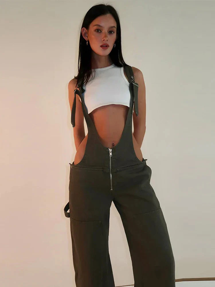 Fashion Denim Jumpsuit for Women Y2K Sleeveless Adjustable Straps Overalls Vintage Female Slant Pockets Jeans Streetwear