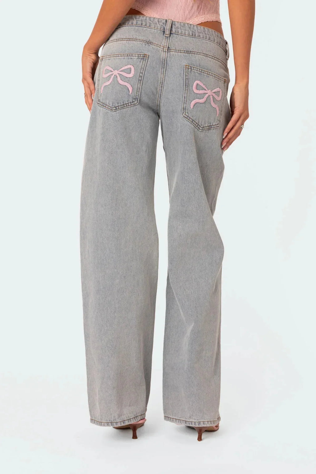 Bow Embroidered Wide Leg Jeans High Waisted Casual Women's Straight Leg Pants