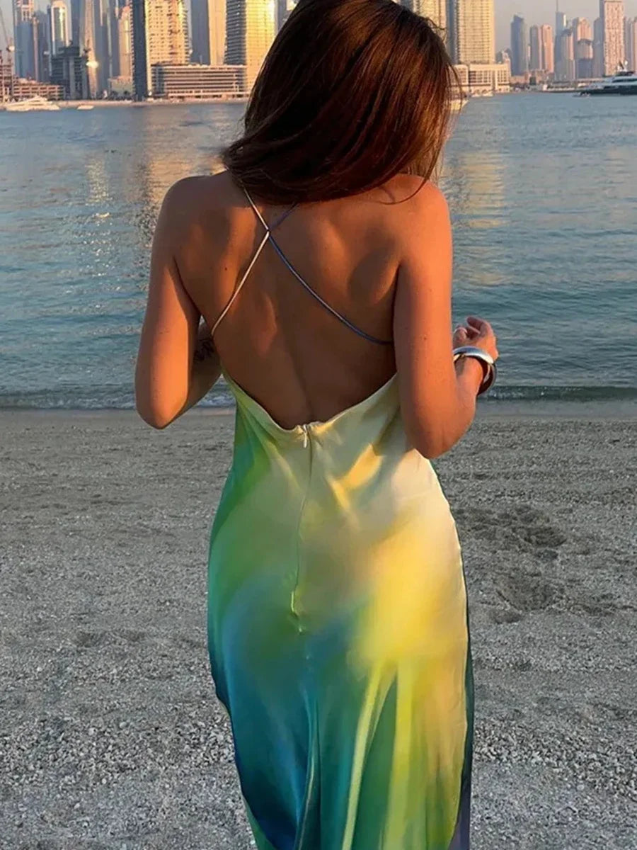 Watercolor Print Spaghetti Strap Deep V Neck Satin Slip Maxi Dress