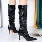 Sexy Knee-High Pointed Patent Leather High Heel Boots for Women
