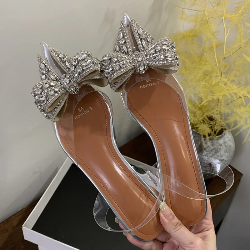 PVC Transparent Sequined Bowknot Women Pumps with Crystal Low and High Heels