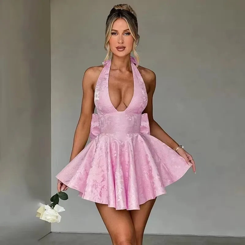 Jacquard Strapless Bow Back Fit and Flare Mini Dress