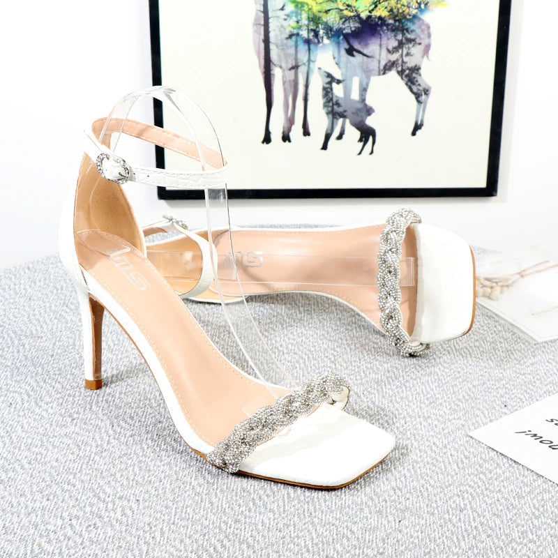 Square toe diamond stiletto heel sandals for women