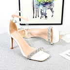 Square toe diamond stiletto heel sandals for women
