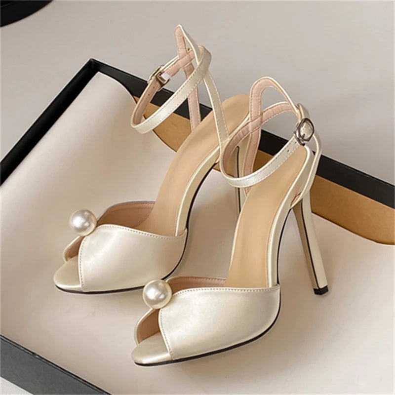 String Bead Peep Toe Sandals with Ankle Buckle Strap and Stiletto Heels