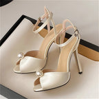 String Bead Peep Toe Sandals with Ankle Buckle Strap and Stiletto Heels