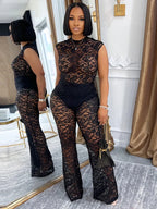 Mesh See Through Flared Two Piece Pants Set
