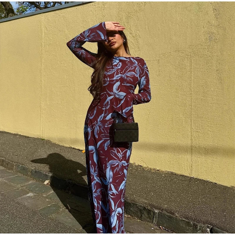 Retro Printed O-neck Holiday Dress Women Elegant Full Sleeve Waist-cinching Long Dresses Female 2025 Summer Chic Street Vestidos
