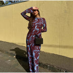 Retro Printed O-neck Holiday Dress Women Elegant Full Sleeve Waist-cinching Long Dresses Female 2025 Summer Chic Street Vestidos
