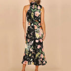 Olga Exclusive Backless Dress with Floral Pattern and Collar Statement Occasion Edit