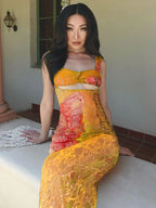 Butterfly Floral Lace Overlay Sweetheart Bustier Cutout Bodycon Maxi Dress